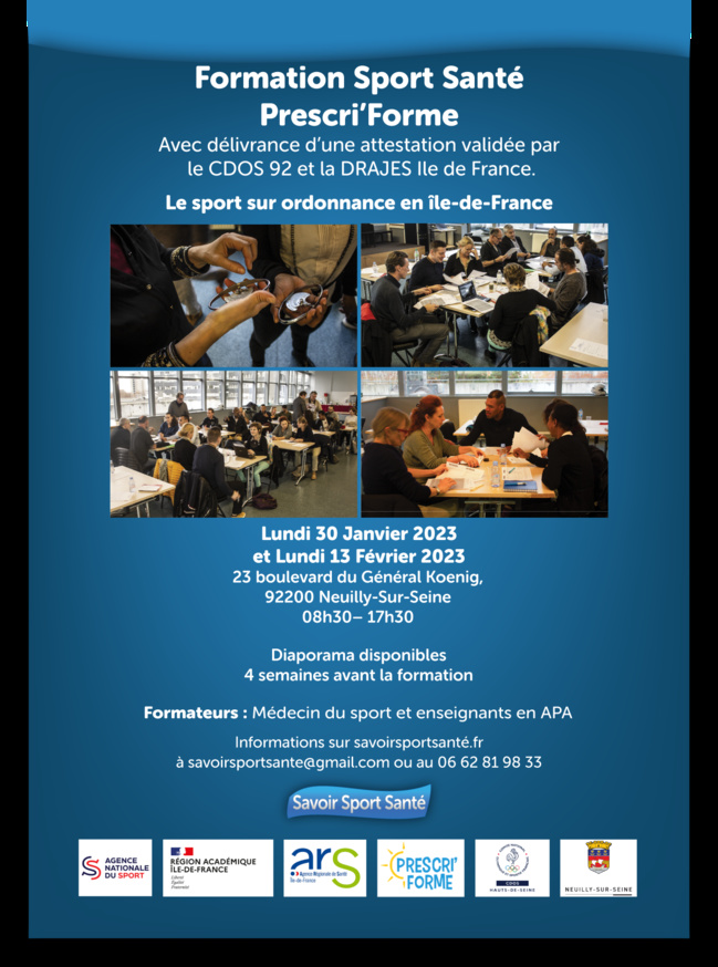 Prochaine session de formation Sport Santé Prescri'Forme - Janvier 2023 - Les inscriptions sont ouvertes ! Prochaine session de formation Sport Santé Prescri'Forme - Janvier 2023 - Les inscriptions sont ouvertes !
