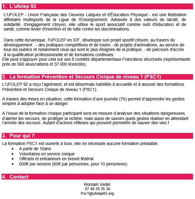 Les formations Secourisme PSC1 de l'UFOLEP 92