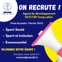 Le CDOS 92 recrute ! Agent de développement (H/F) en CDI temps plein - Février 2023