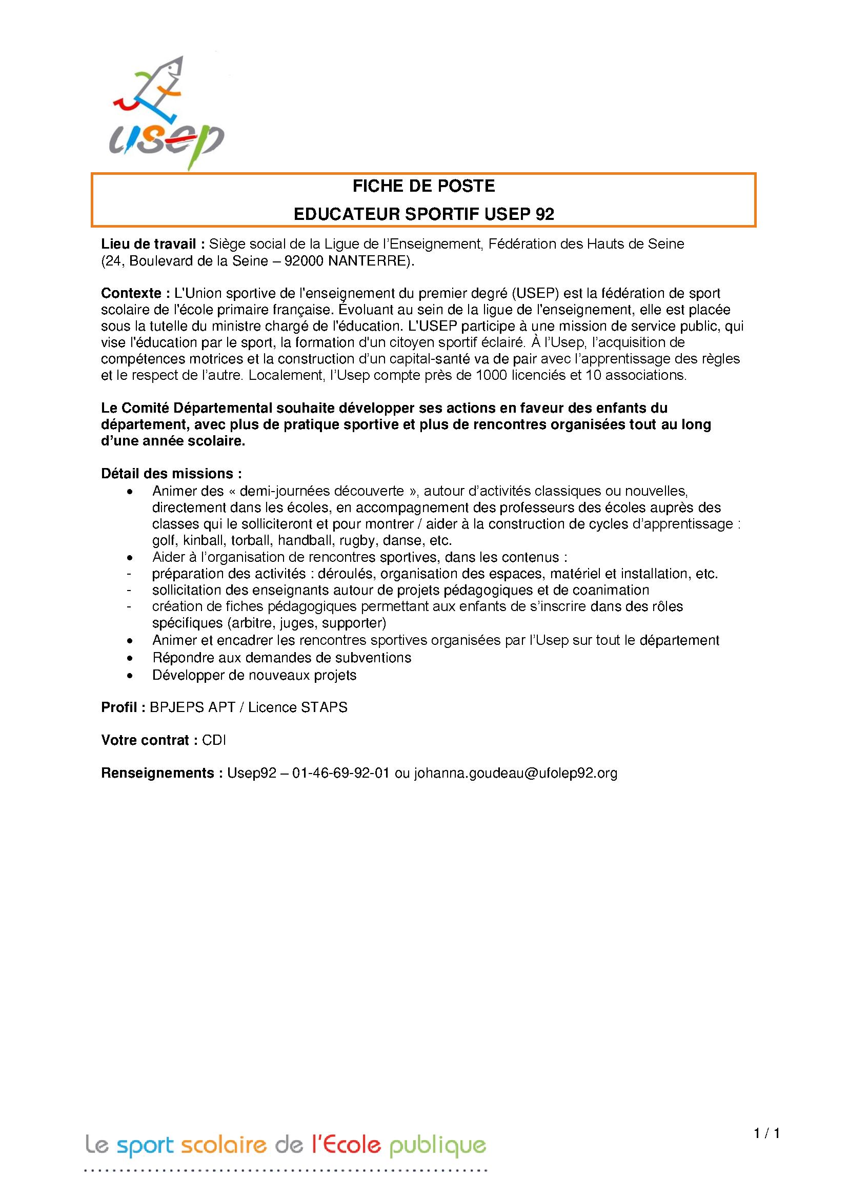 L'USEP 92 recrute ! - Educateur sportif CDI (H/F)