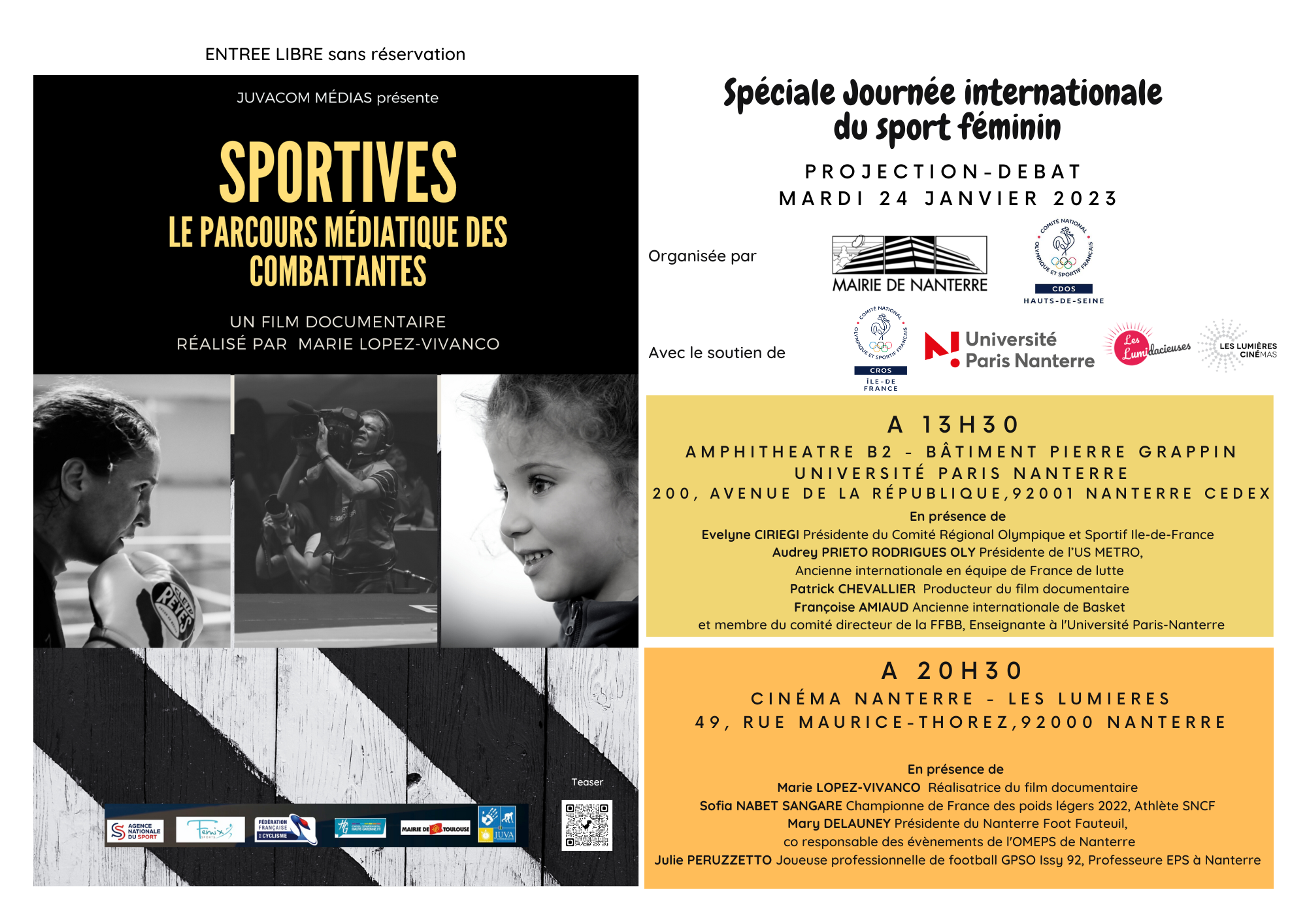 Evènement Gratuit - Double Projection / Débat du film "Sportives" le Mardi 24 janvier - Journée Internationale du Sport Féminin
