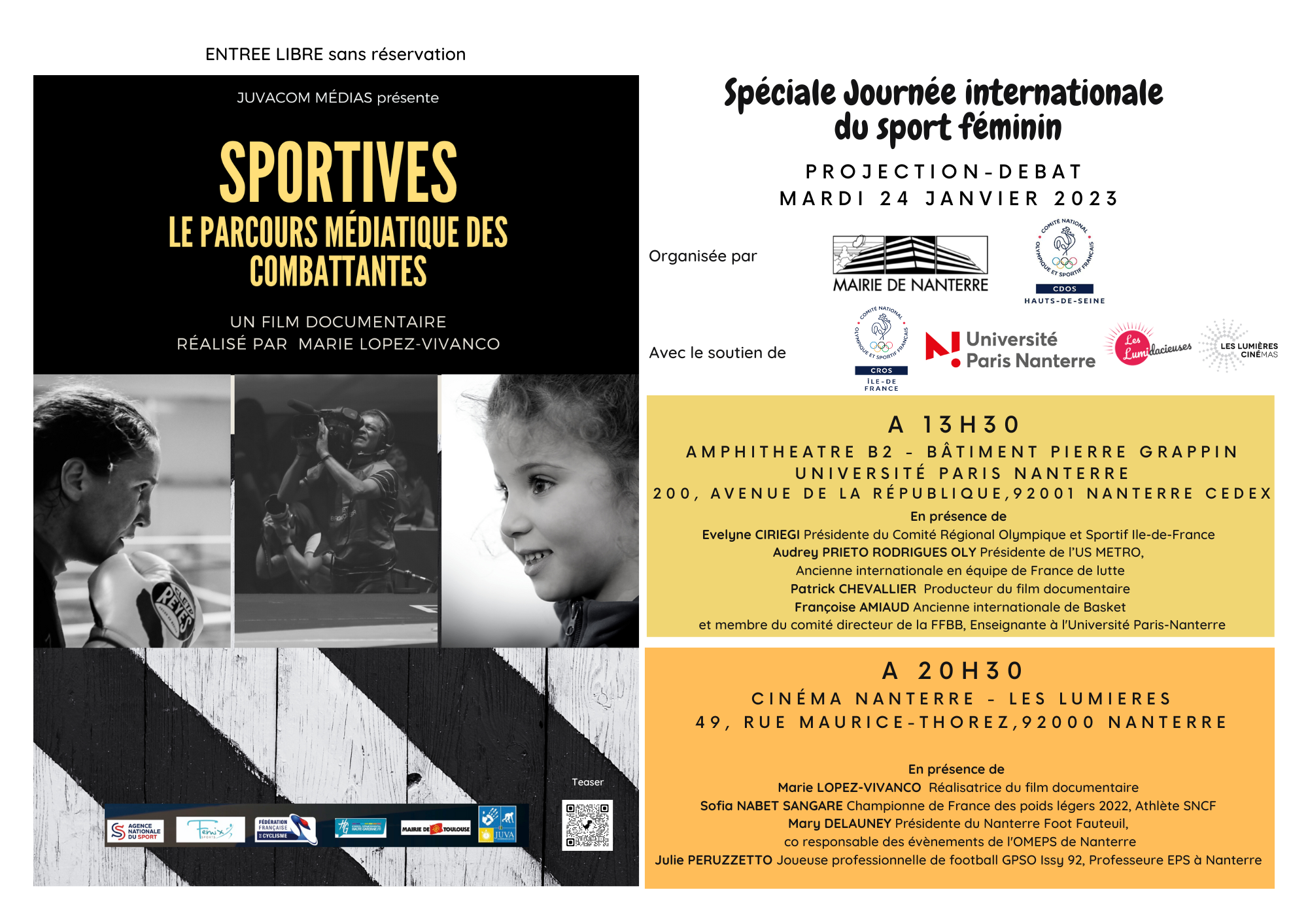 Evènement Gratuit - Double Projection / Débat du film "Sportives" le Mardi 24 janvier - Journée Internationale du Sport Féminin Evènement Gratuit - Double Projection / Débat du film "Sportives" le Mardi 24 janvier - Journée Internationale du Sport Féminin