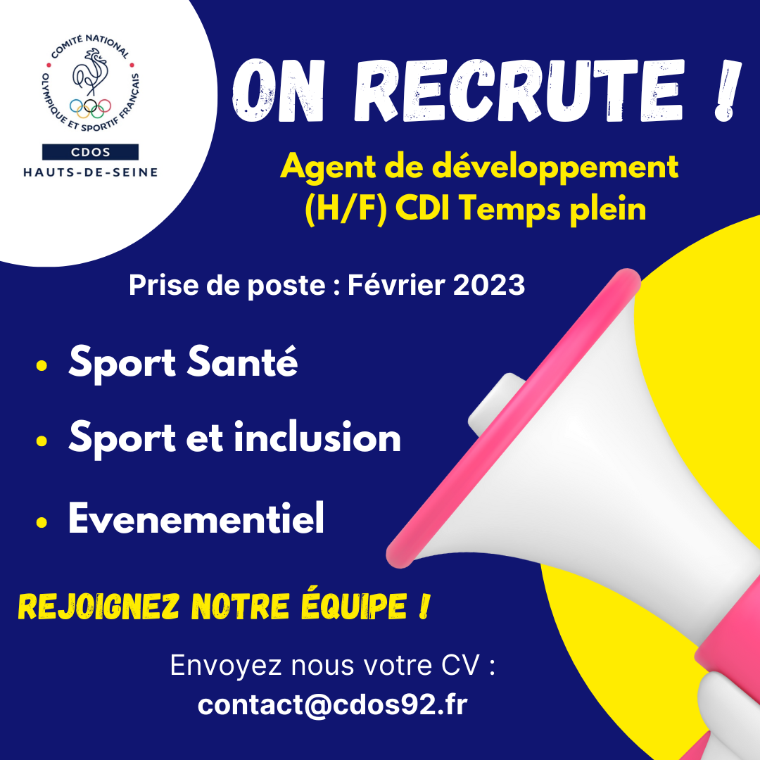 Le CDOS 92 recrute ! Agent de développement (H/F) en CDI temps plein - Février 2023