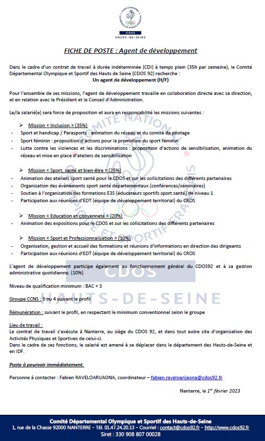 Le CDOS 92 recrute ! Agent de développement (H/F) en CDI temps plein - Février 2023